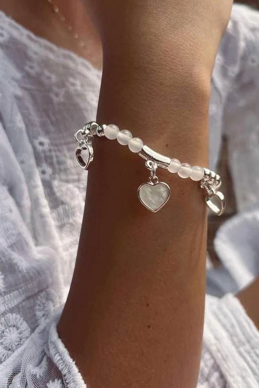  Free Spirit Stretch Stacker Bracelet Moon Stone Open Hearts Silver 